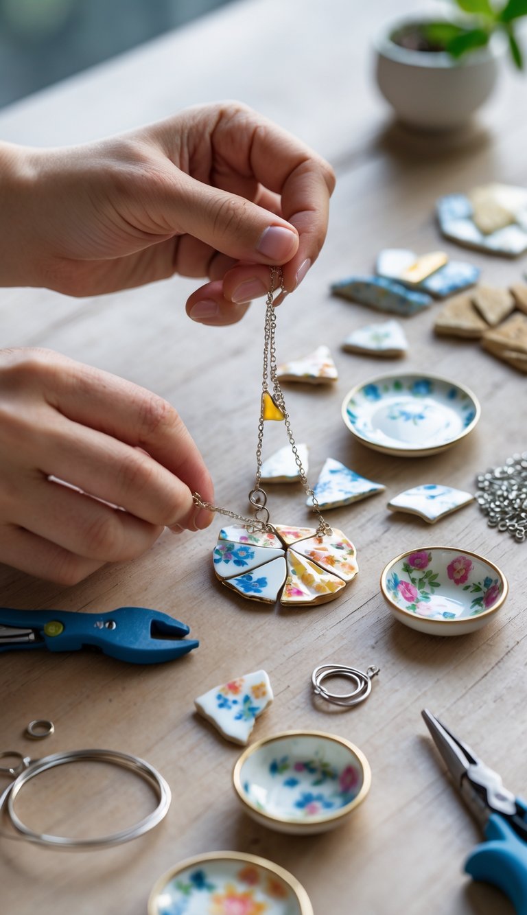 Close-up of hands assembling broken china pieces into necklace charms with craft tools on a wooden table.